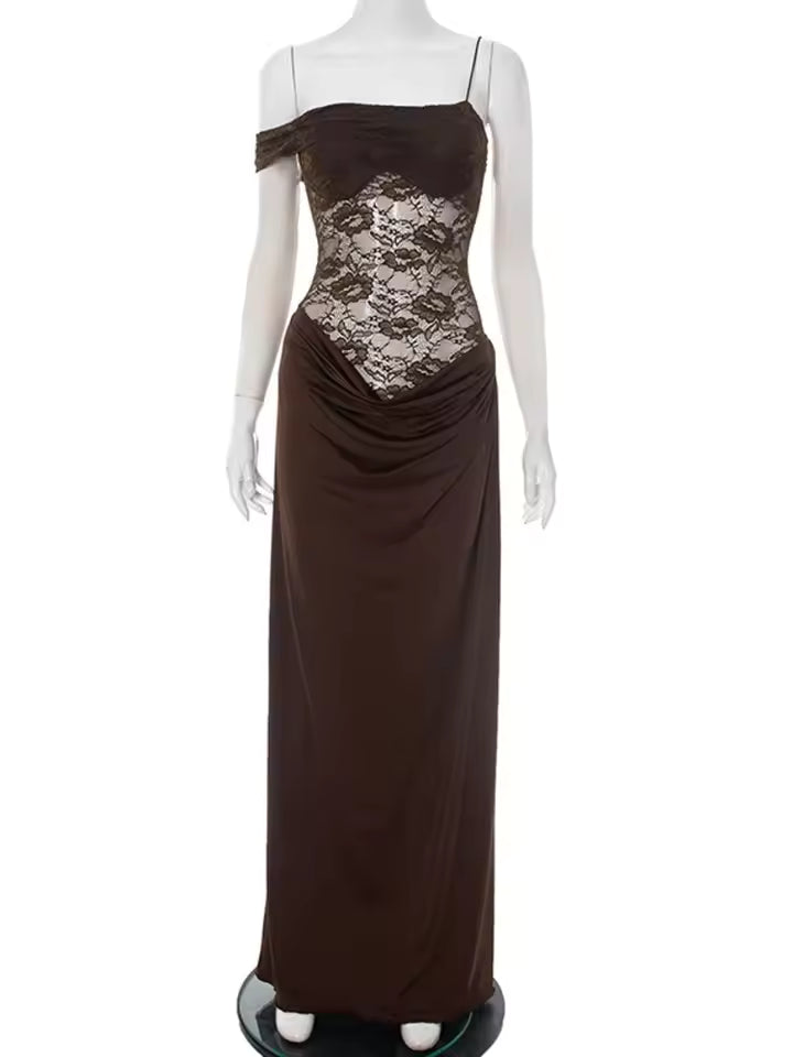Đầm Maxi hở vai gợi cảm xuyên thấu ren một bên vai cho nữ, váy dài dự tiệc hở lưng, không tay, hở lưng