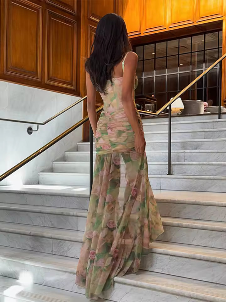 Summer Floral Print Spaghetti Strap Maxi Dress Women Sexy Backless High Split Slim Dresses 2025
