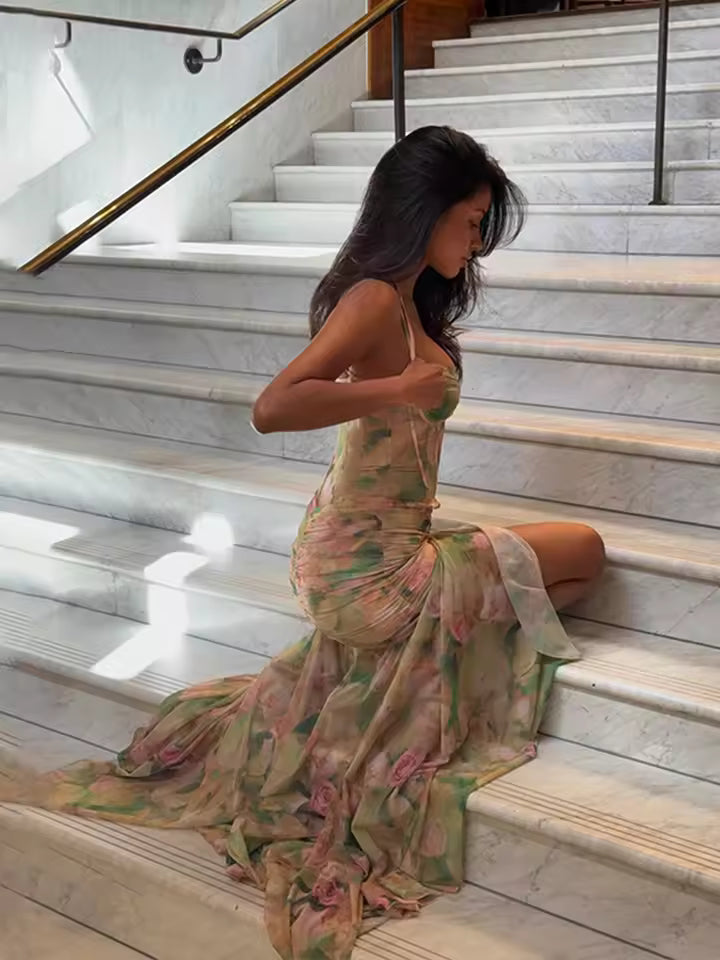 Summer Floral Print Spaghetti Strap Maxi Dress Women Sexy Backless High Split Slim Dresses 2025