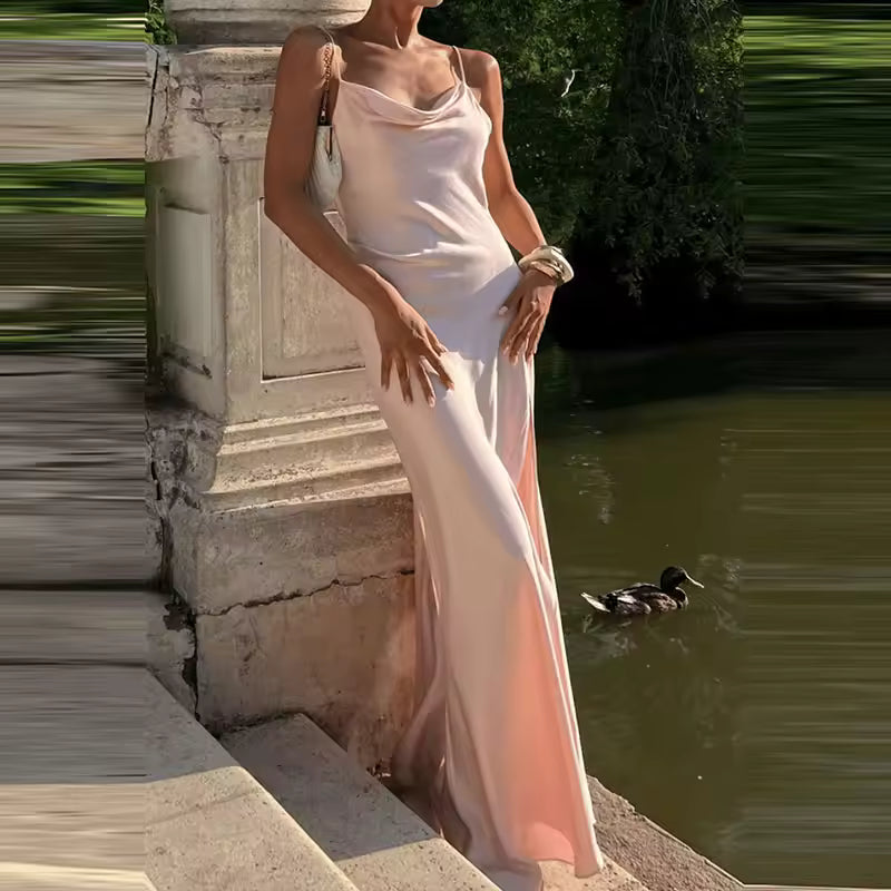 Shoulder Satin Sling Dress Sexy Sleeveless Backless Hollow Long Dress Women