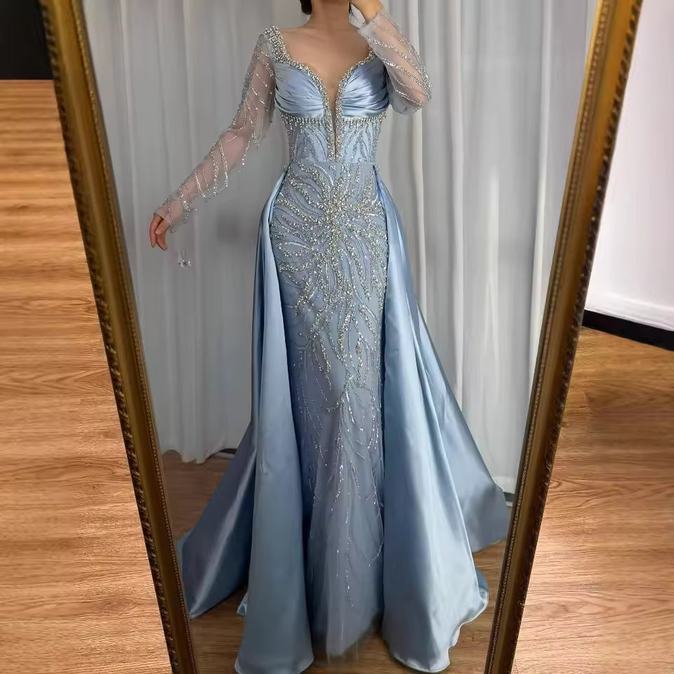 Luxury Designer Blue Beaded Evening Dress with Long Sleeves Gown for Women
