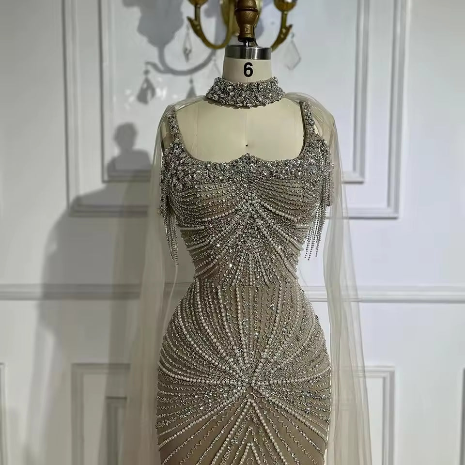 Spaghetti Strap Long Cloak Mermaid Silver Nude Beaded Evening Dresses Gowns 2025 LA72587 Customized
