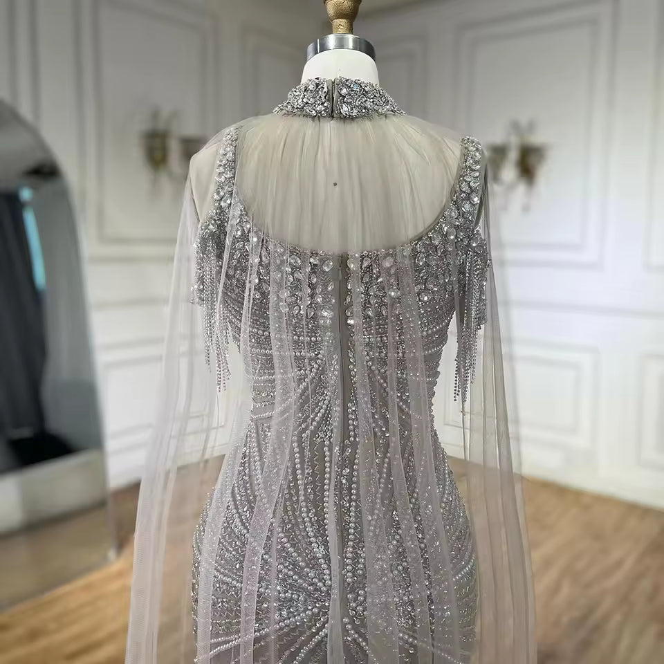 Spaghetti Strap Long Cloak Mermaid Silver Nude Beaded Evening Dresses Gowns 2025 LA72587 Customized