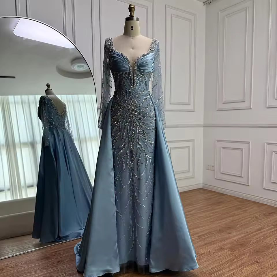 Luxury Designer Blue Beaded Evening Dress with Long Sleeves Gown for Women