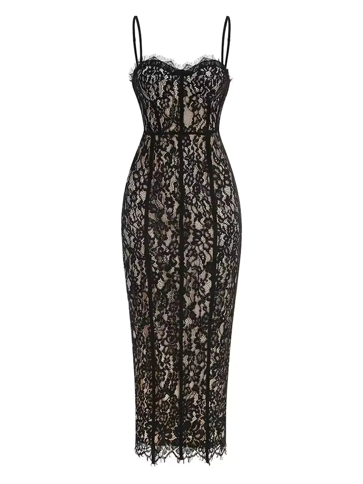 Sexy Spaghetti Strap V Neck Lace Long Dress Women Black Floral Lace Sleeveless