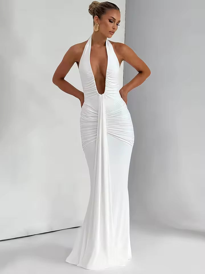 Deep V Neck Draped Ruched Sexy Maxi Dress Women Summer Fashion Halter Sleeveless Backless