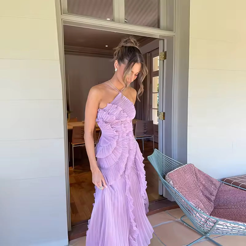 Maxi Dress Slim Fit Backless Lace Up Halter Robes Sleeveless Party Vestidos 2025 Nw Lady Vacation Gowns