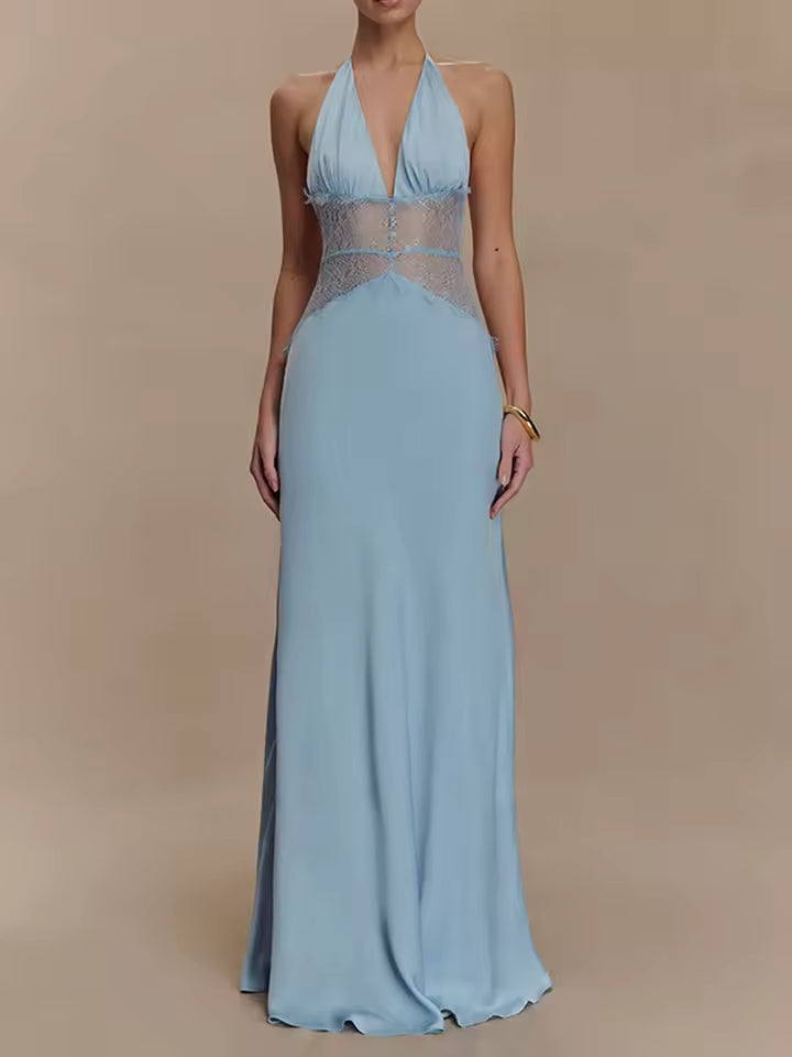 Sexy Maxi Dress Women Gown Patchwork Lace Halter Deep V Neck Sleeveless High Waist Elegant Long Dress