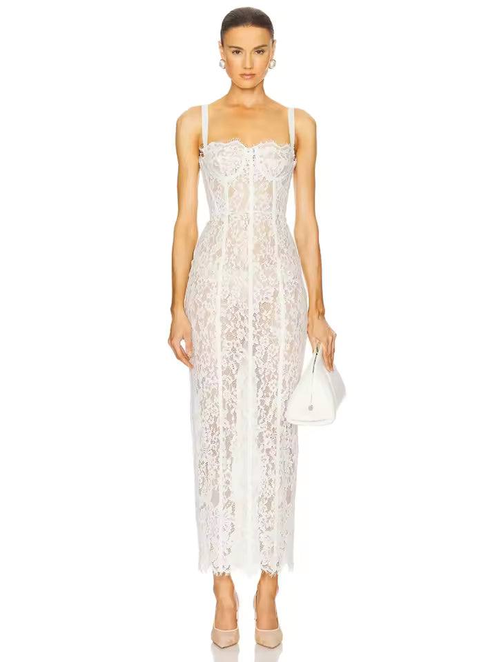 Sexy Spaghetti Strap V Neck Lace Long Dress Women Black Floral Lace Sleeveless