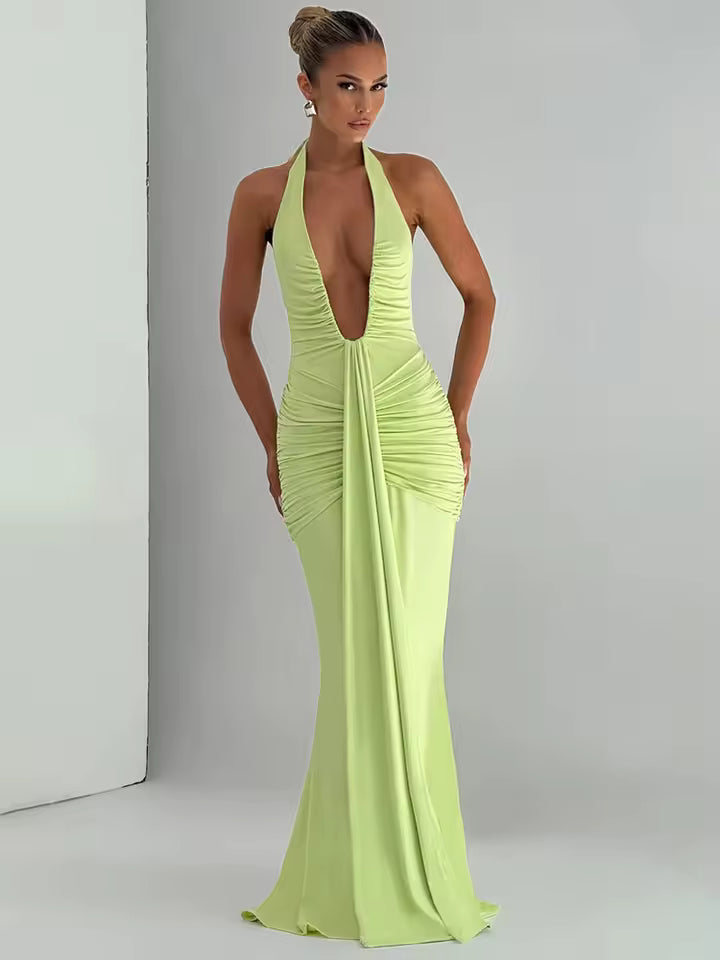Deep V Neck Draped Ruched Sexy Maxi Dress Women Summer Fashion Halter Sleeveless Backless