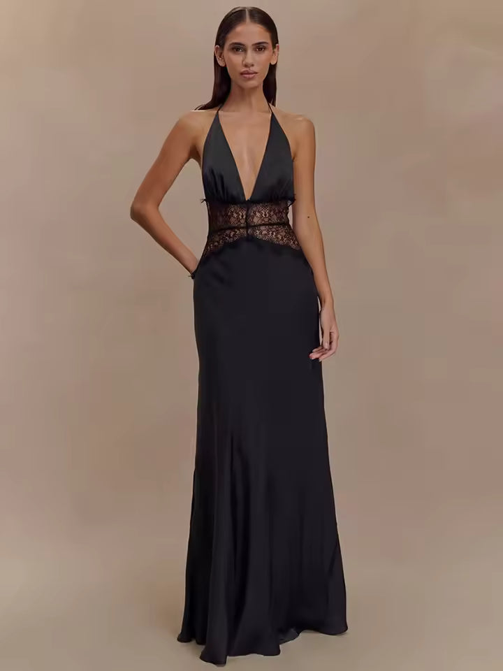 Sexy Maxi Dress Women Gown Patchwork Lace Halter Deep V Neck Sleeveless High Waist Elegant Long Dress