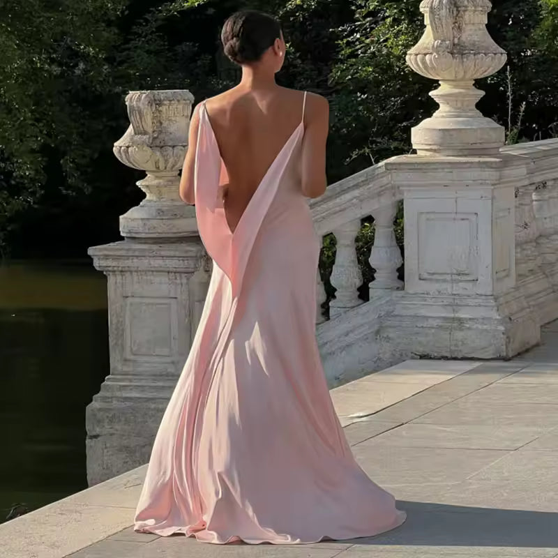 Shoulder Satin Sling Dress Sexy Sleeveless Backless Hollow Long Dress Women