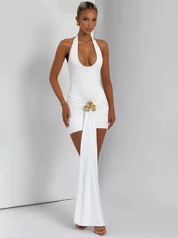 Metal Flower Draped Ruched Sexy Mini Dress Women Robe Fashion