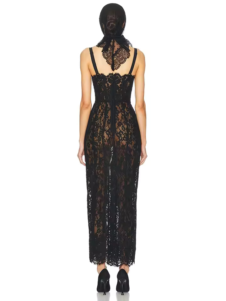 Sexy Spaghetti Strap V Neck Lace Long Dress Women Black Floral Lace Sleeveless