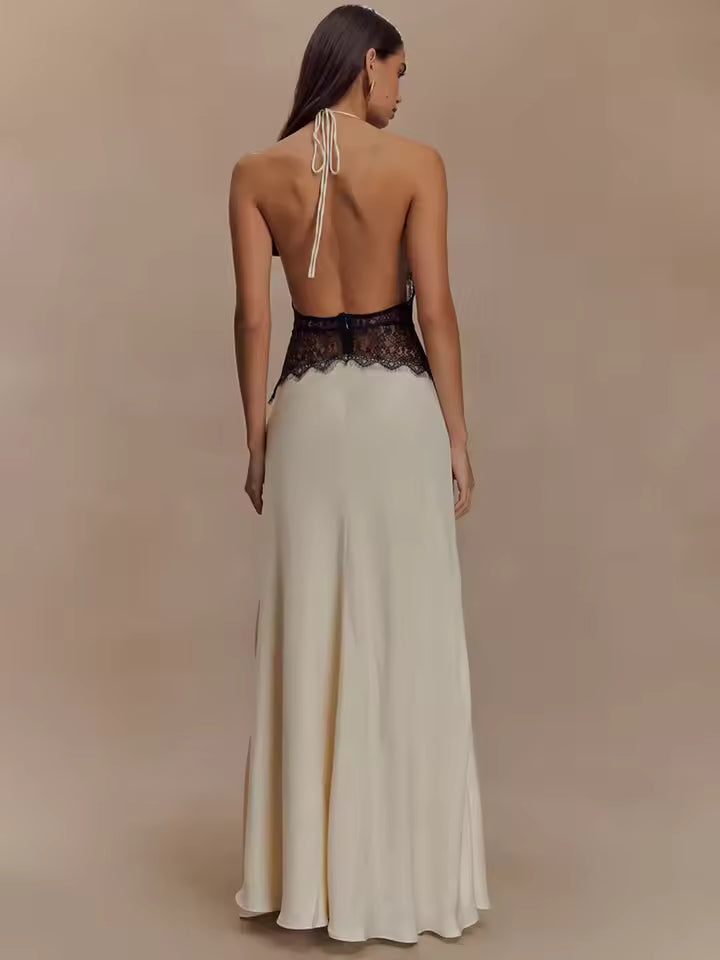 Sexy Maxi Dress Women Gown Patchwork Lace Halter Deep V Neck Sleeveless High Waist Elegant Long Dress