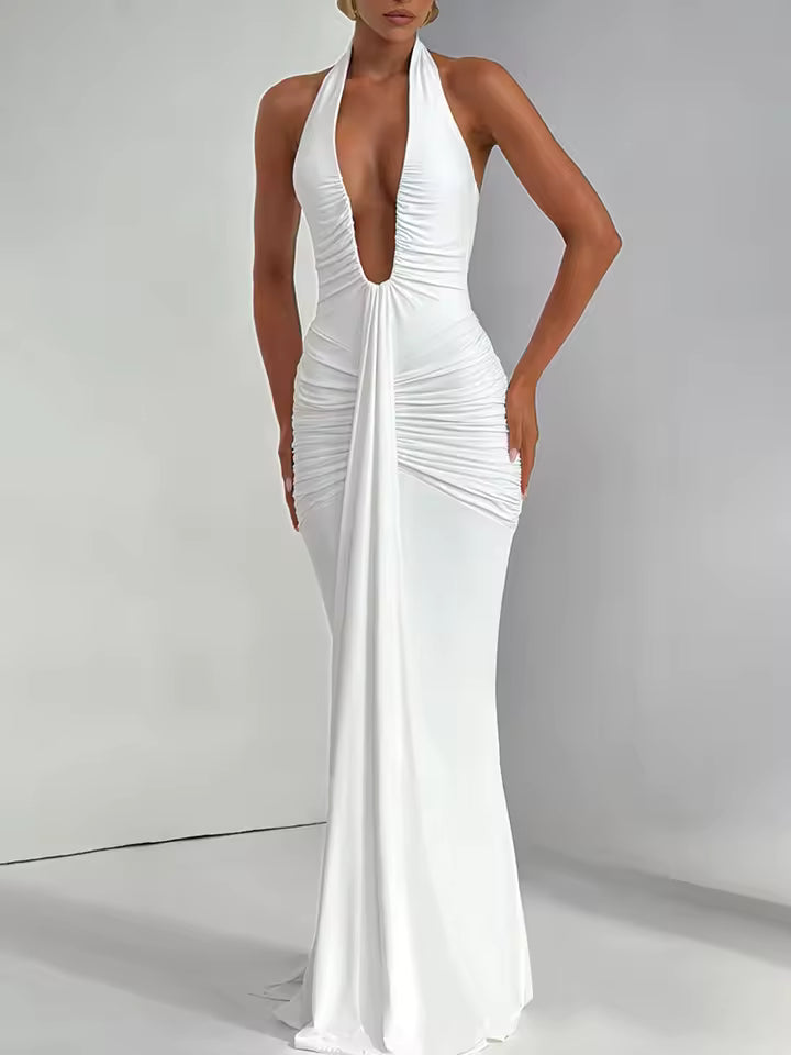 Deep V Neck Draped Ruched Sexy Maxi Dress Women Summer Fashion Halter Sleeveless Backless