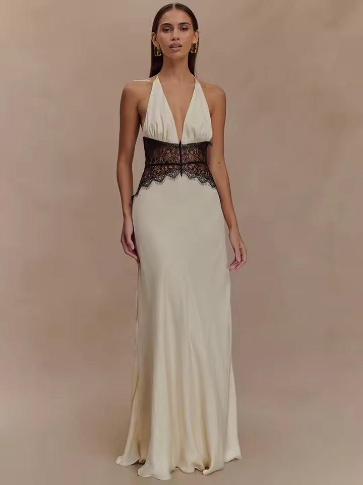 Sexy Maxi Dress Women Gown Patchwork Lace Halter Deep V Neck Sleeveless High Waist Elegant Long Dress