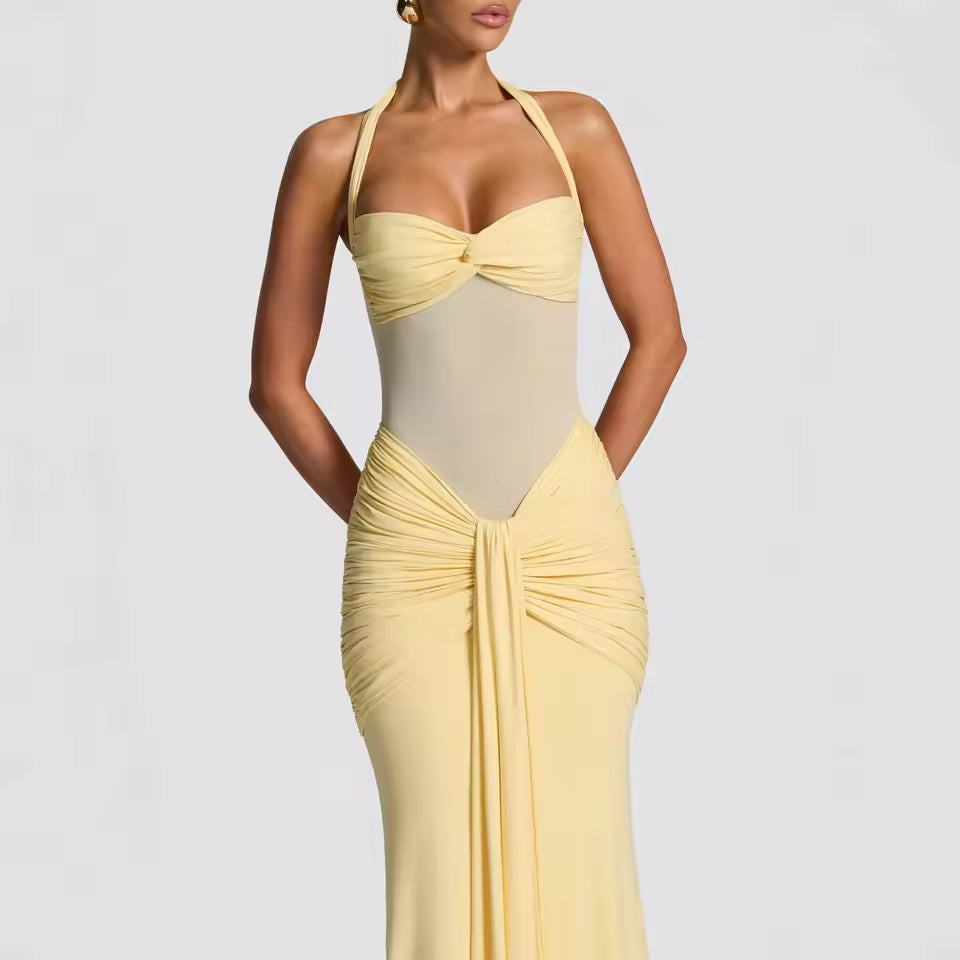 Halter neck backless slim-fit bodycon dress, mesh strapless knot design, slim-fitting, skin-friendly, does not pinch the skin