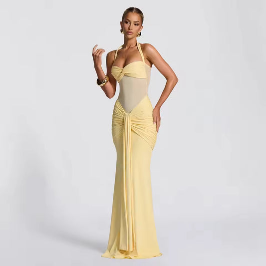 Halter neck backless slim-fit bodycon dress, mesh strapless knot design, slim-fitting, skin-friendly, does not pinch the skin