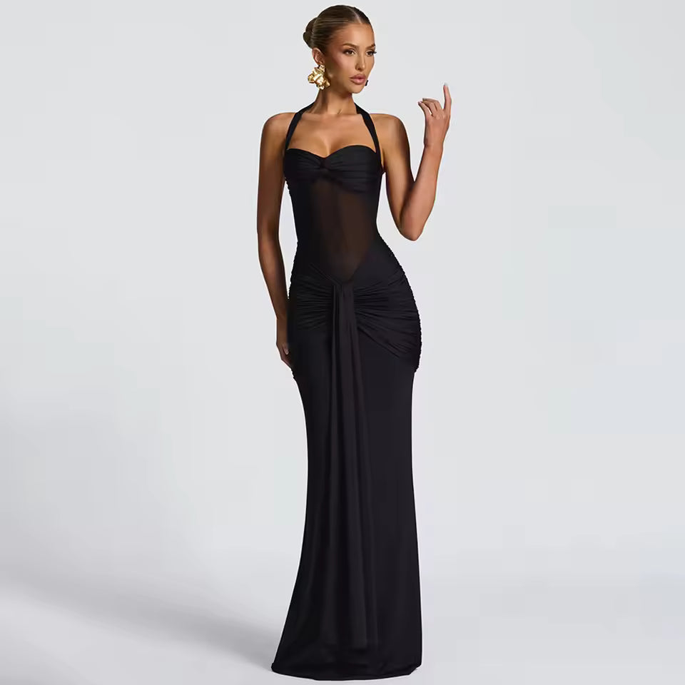 Halter neck backless slim-fit bodycon dress, mesh strapless knot design, slim-fitting, skin-friendly, does not pinch the skin