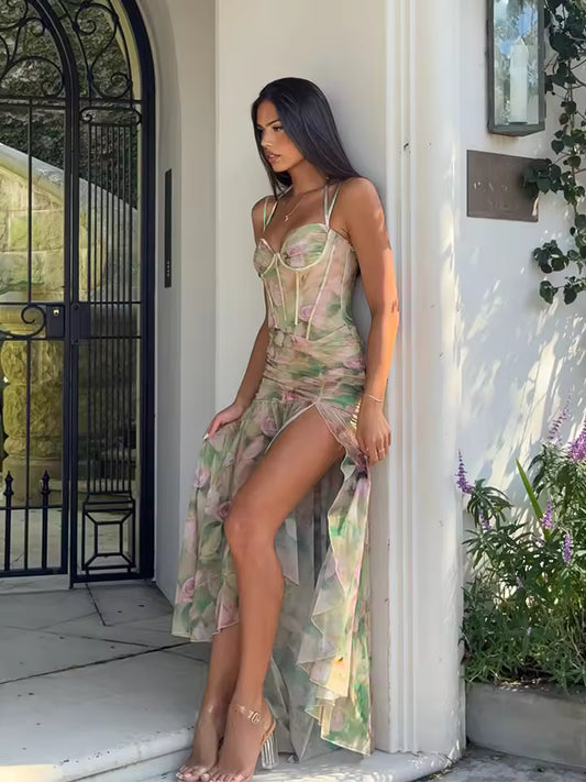 Summer Floral Print Spaghetti Strap Maxi Dress Women Sexy Backless High Split Slim Dresses 2025