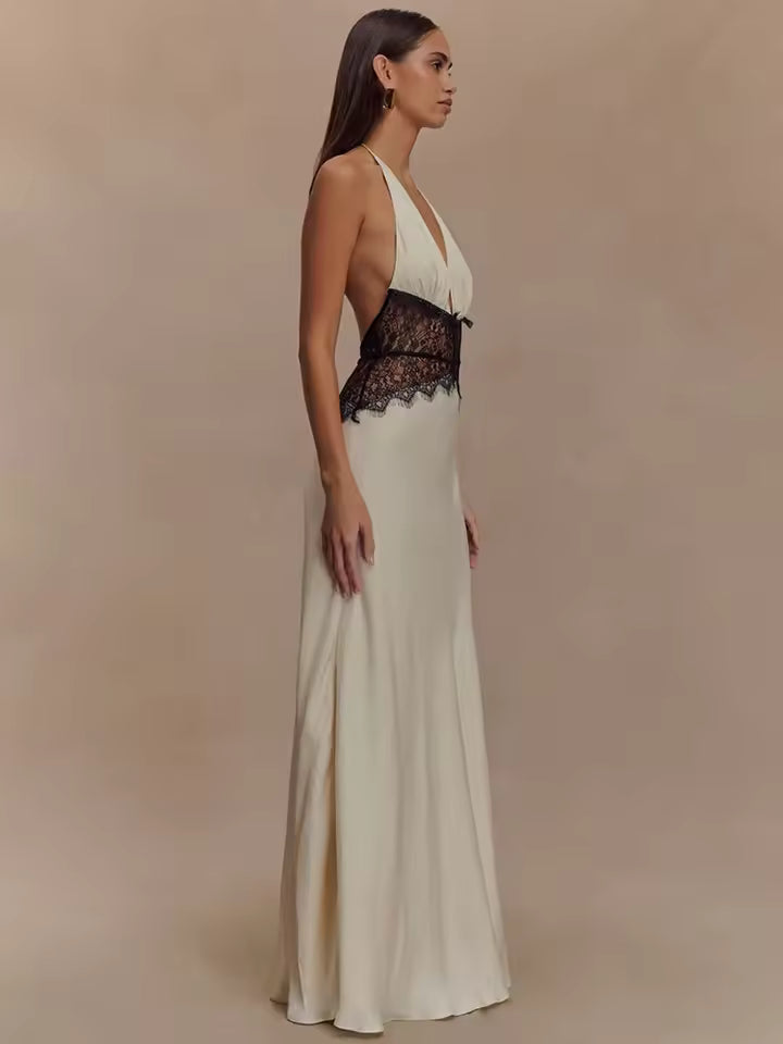 Sexy Maxi Dress Women Gown Patchwork Lace Halter Deep V Neck Sleeveless High Waist Elegant Long Dress