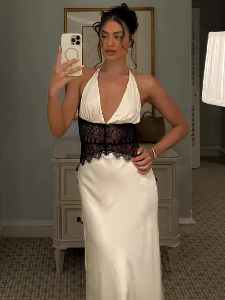 Sexy Maxi Dress Women Gown Patchwork Lace Halter Deep V Neck Sleeveless High Waist Elegant Long Dress