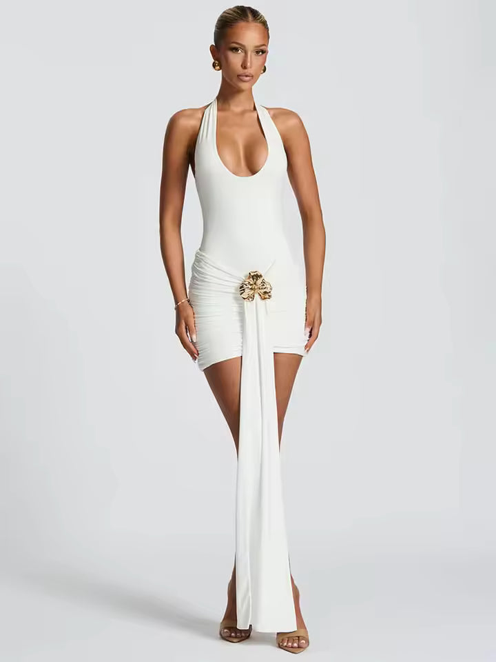Metal Flower Draped Ruched Sexy Mini Dress Women Robe Fashion