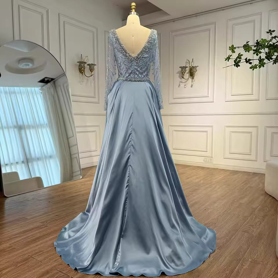 Luxury Designer Blue Beaded Evening Dress with Long Sleeves Gown for Women