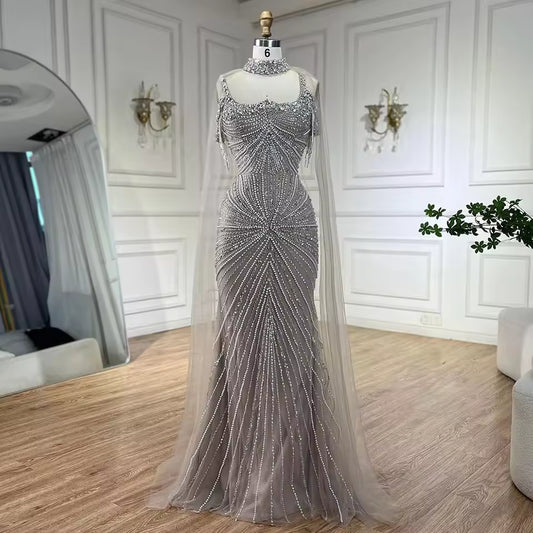 Spaghetti Strap Long Cloak Mermaid Silver Nude Beaded Evening Dresses Gowns 2025 LA72587 Customized