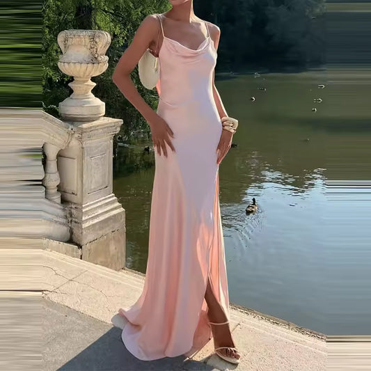 Shoulder Satin Sling Dress Sexy Sleeveless Backless Hollow Long Dress Women