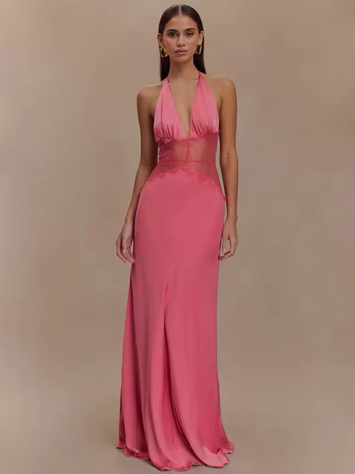 Sexy Maxi Dress Women Gown Patchwork Lace Halter Deep V Neck Sleeveless High Waist Elegant Long Dress
