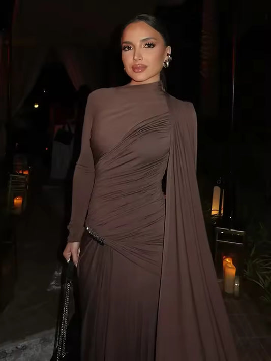 Women Pleated Irregular Patchwork Maxi Dress Chic Long Sleeve High Neack Dresses 2025 Summer Turtleneck Party Prom Gowns