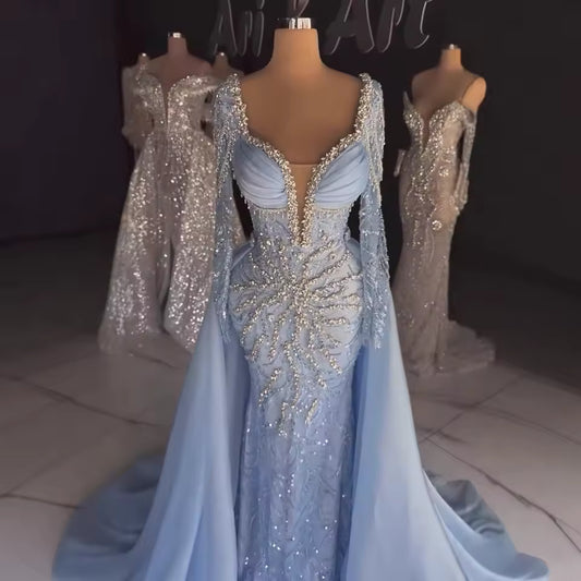 Luxury Designer Blue Beaded Evening Dress with Long Sleeves Gown for Women