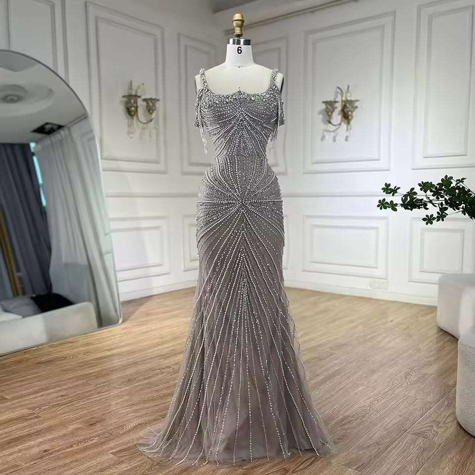 Spaghetti Strap Long Cloak Mermaid Silver Nude Beaded Evening Dresses Gowns 2025 LA72587 Customized