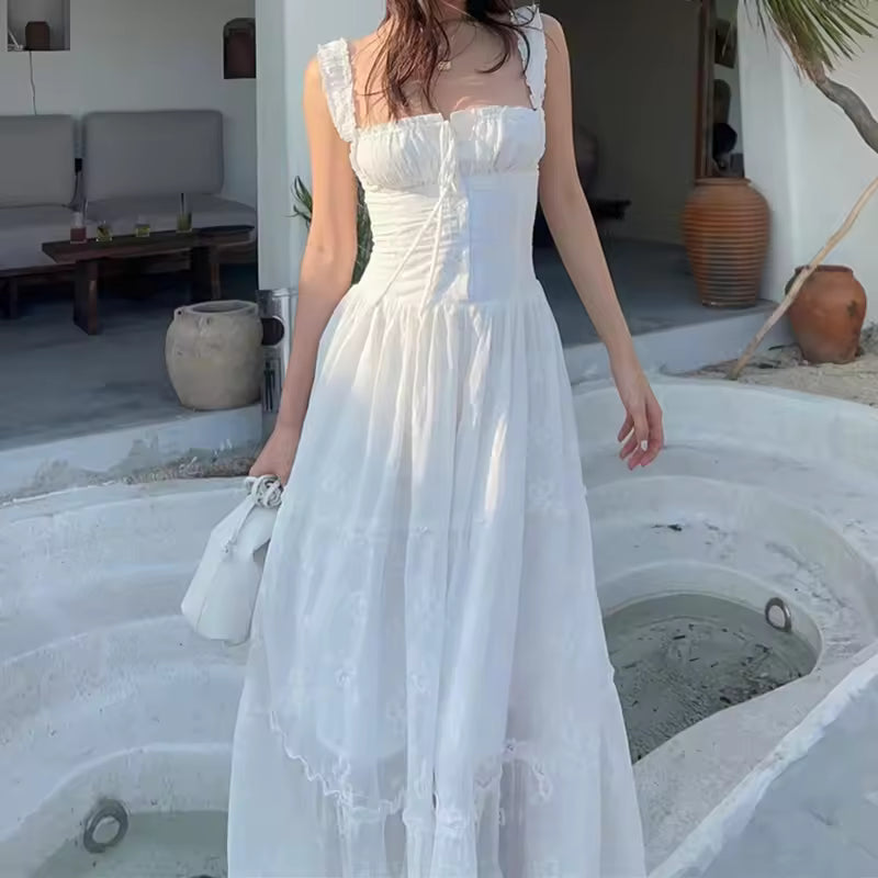 Sexy Backless Maxi Dress Hollow Out Mesh Ruched Halter Long Dresses Elegant Women Autumn For 2024 Vestidos