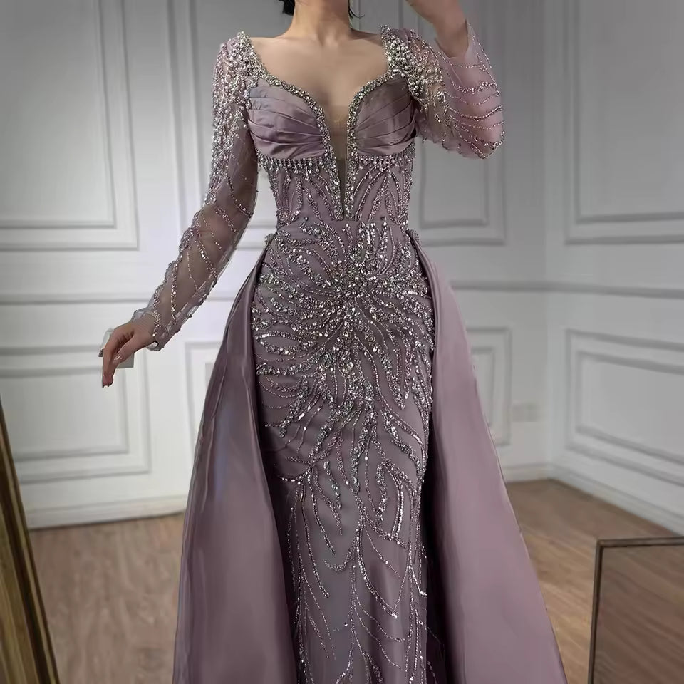 Luxury Designer Blue Beaded Evening Dress with Long Sleeves Gown for Women