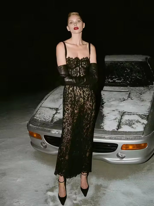 Sexy Spaghetti Strap V Neck Lace Long Dress Women Black Floral Lace Sleeveless