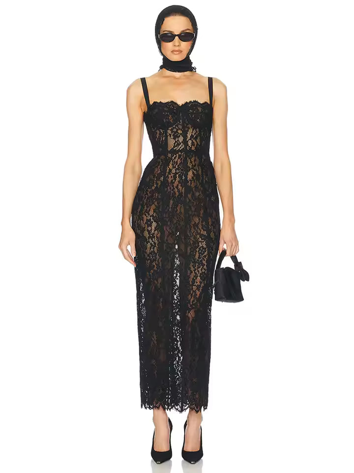 Sexy Spaghetti Strap V Neck Lace Long Dress Women Black Floral Lace Sleeveless