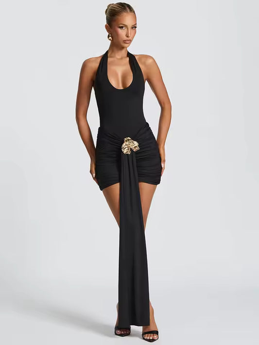Metal Flower Draped Ruched Sexy Mini Dress Women Robe Fashion